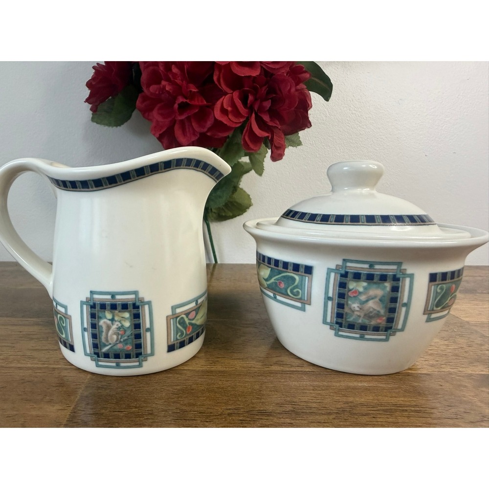 Pfaltzgraff Forest Creamer Sugar Bowl Vintage Stoneware Squirrel Rustic Kitchen